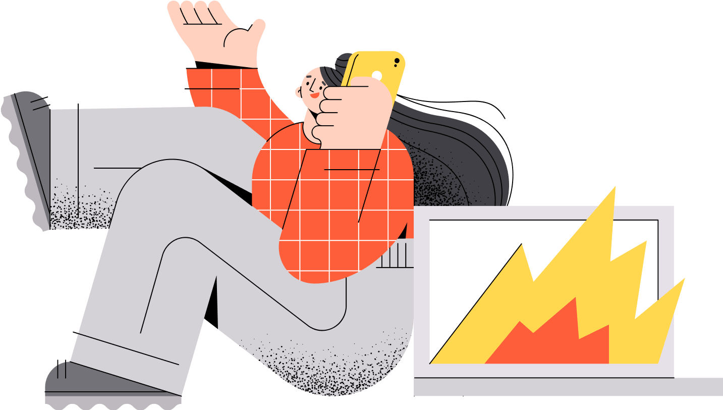 Ilustración de una persona con cabello largo, suéter naranja a cuadros y pantalones claros, sentada de forma relajada mientras sostiene un teléfono amarillo y sonríe, junto a una pantalla con una gráfica en forma de llamas ascendentes.