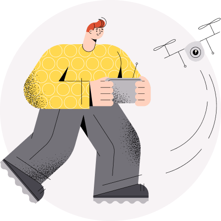 Ilustración de una persona de cabello corto y camisa amarilla pilotando un dron con control remoto, mostrando dinamismo y tecnología.