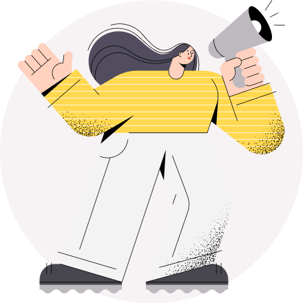 Ilustración de una persona sonriente con cabello largo y camisa amarilla a rayas sosteniendo un megáfono, en actitud de comunicación y anuncio.